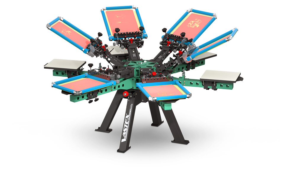 Screen printing on a modern Vastex carousel - screen printing on t-shirts, hoodies, tote bags and other products