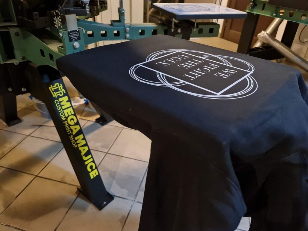 Direct single-colour screen print on the back of a hoodie