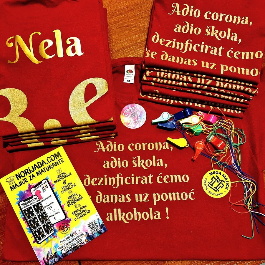 Gold nickname prints on graduation t-shirts - free whistles with every order