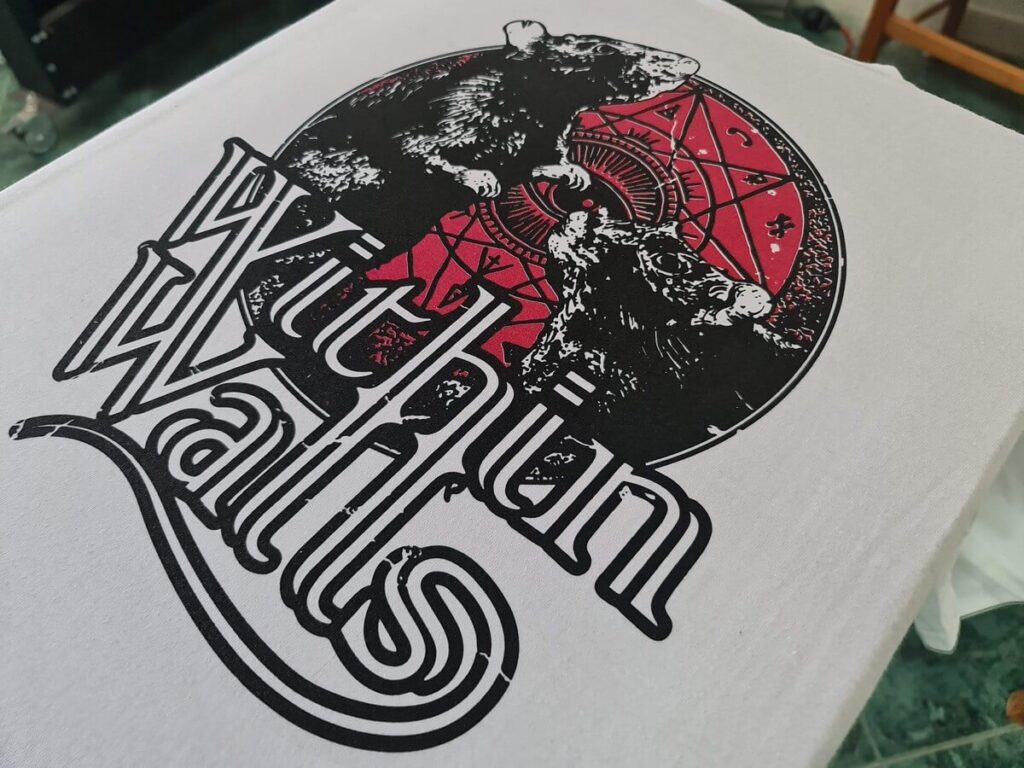 Two-colour screen print - black and red print on a white 100% cotton t-shirt for the Within Walls board game