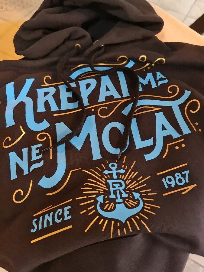 Two-colour flex print on a cotton hoodie - gold and blue print